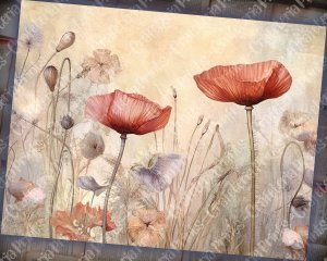 Fairy Tale Watercolor Pastel Illustration of Poppies Junk Journal Background, Floral Nature Journal Paper, Digital Collage Printable