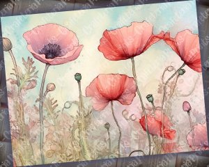 Fairy Tale Watercolor Pastel Illustration of Poppies Junk Journal Background, Floral Nature Journal Paper, Digital Collage Printable