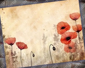 Fairy Tale Watercolor Pastel Illustration of Poppies Junk Journal Background, Floral Nature Journal Paper, Digital Collage Printable