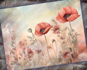 Fairy Tale Watercolor Pastel Illustration of Poppies Junk Journal Background, Floral Nature Journal Paper, Digital Collage Printable