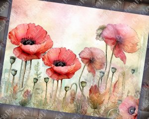 Fairy Tale Watercolor Pastel Illustration of Poppies Junk Journal Background, Floral Nature Journal Paper, Digital Collage Printable