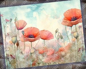 Fairy Tale Watercolor Pastel Illustration of Poppies Junk Journal Background, Floral Nature Journal Paper, Digital Collage Printable