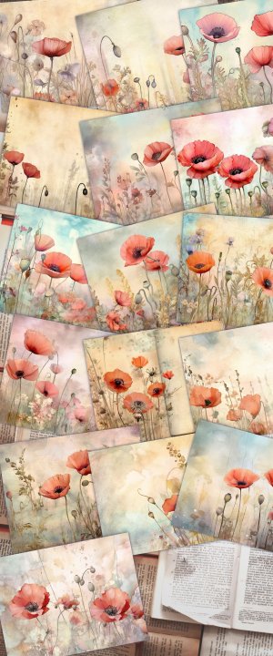 Fairy Tale Watercolor Pastel Illustration of Poppies Junk Journal Background, Floral Nature Journal Paper, Digital Collage Printable