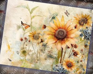 Watercolor Pastel Sunflowers Junk Journal Background, Fairy Collage Printable, Digital Nature Journal Paper, Floral Background, Muted Colors