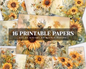 Watercolor Pastel Sunflowers Junk Journal Background, Fairy Collage Printable, Digital Nature Journal Paper, Floral Background, Muted Colors