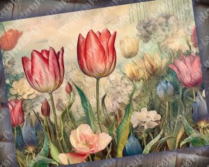 Fairy Tale Watercolor Pastel Tulips Junk Journal Background, Floral Nature Journal Paper, Muted Colors, Printable Collage for Invitations