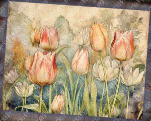 Fairy Tale Watercolor Pastel Tulips Junk Journal Background, Floral Nature Journal Paper, Muted Colors, Printable Collage for Invitations