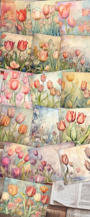 Fairy Tale Watercolor Pastel Tulips Junk Journal Background, Floral Nature Journal Paper, Muted Colors, Printable Collage for Invitations