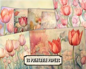 Fairy Tale Watercolor Pastel Tulips Junk Journal Background, Floral Nature Journal Paper, Muted Colors, Printable Collage for Invitations