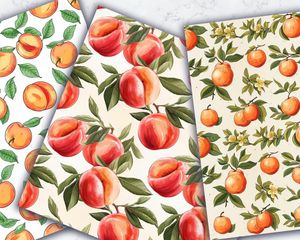 Peach Clipart Digital Pattern Paper, Cute Watercolor Illustration, Seamless Texture, Doodle Style, Big Elements, Light Background