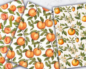 Peach Clipart Digital Pattern Paper, Cute Watercolor Illustration, Seamless Texture, Doodle Style, Big Elements, Light Background