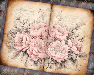 Watercolor illustration lined paper Peonies floral theme, Vintage Flowers wallpaper for junk journal, high quality, high detailed