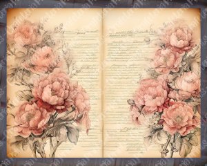 Watercolor illustration lined paper Peonies floral theme, Vintage Flowers wallpaper for junk journal, high quality, high detailed