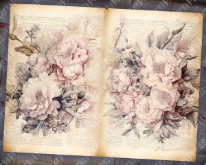 Watercolor illustration lined paper Peonies floral theme, Vintage Flowers wallpaper for junk journal, high quality, high detailed