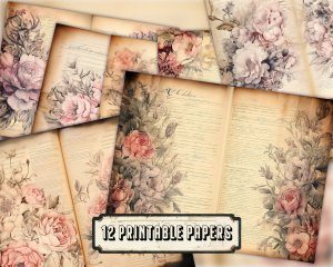 Watercolor illustration lined paper Peonies floral theme, Vintage Flowers wallpaper for junk journal, high quality, high detailed