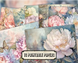 Fairy Tale Watercolor Peonies Junk Journal Background - Printable Digital Scrapbook Pages, Nature Journal Paper, Floral Background