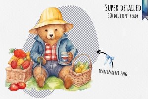 Instant Download Watercolor Clipart - Paddington Bear Picnic Bundle, PNG Images, Digital Clipart Watercolor - Checkered Blanket, Sandwiches