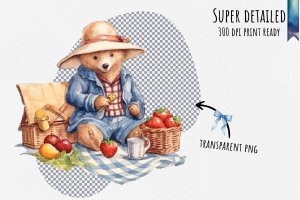 Instant Download Watercolor Clipart - Paddington Bear Picnic Bundle, PNG Images, Digital Clipart Watercolor - Checkered Blanket, Sandwiches