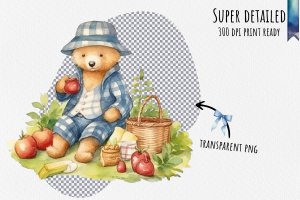 Instant Download Watercolor Clipart - Paddington Bear Picnic Bundle, PNG Images, Digital Clipart Watercolor - Checkered Blanket, Sandwiches