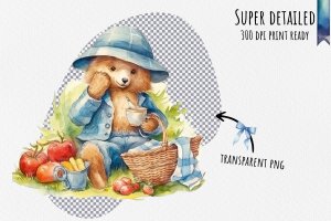 Instant Download Watercolor Clipart - Paddington Bear Picnic Bundle, PNG Images, Digital Clipart Watercolor - Checkered Blanket, Sandwiches