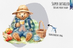 Instant Download Watercolor Clipart - Paddington Bear Picnic Bundle, PNG Images, Digital Clipart Watercolor - Checkered Blanket, Sandwiches