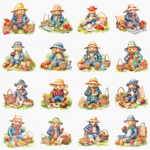 Instant Download Watercolor Clipart - Paddington Bear Picnic Bundle, PNG Images, Digital Clipart Watercolor - Checkered Blanket, Sandwiches