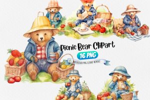 Instant Download Watercolor Clipart - Paddington Bear Picnic Bundle, PNG Images, Digital Clipart Watercolor - Checkered Blanket, Sandwiches