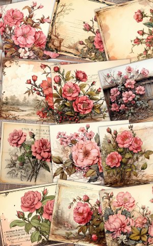 12 papers | Vintage Pink Scrapbooking Kit: Watercolor Background, Inked Edges, Floral Embellishments & More! Perfect for Junk Journals