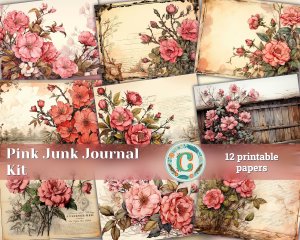 12 papers | Vintage Pink Scrapbooking Kit: Watercolor Background, Inked Edges, Floral Embellishments & More! Perfect for Junk Journals