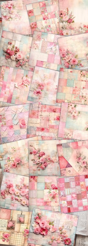 Pink Paper Quilt Digital Junk Journal Background | Shabby Chic Ephemora, Vintage Lined Paper, Watercolor | Perfect for Invitations