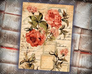 19 papers | Vintage Pink Scrapbooking Kit with Watercolor Background, Pink Roses, and Handwritten Postal Stamp | Printable Pages