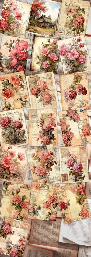 19 papers | Vintage Pink Scrapbooking Kit with Watercolor Background, Pink Roses, and Handwritten Postal Stamp | Printable Pages