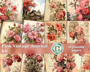 19 papers | Vintage Pink Scrapbooking Kit with Watercolor Background, Pink Roses, and Handwritten Postal Stamp | Printable Pages