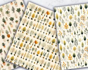 Digital Pattern Paper: Variety of Plants Watercolor Illustration in Soft Neutral Colors, Gouache Style, Seamless Texture for Crafts