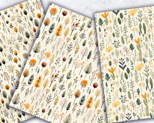 Digital Pattern Paper: Variety of Plants Watercolor Illustration in Soft Neutral Colors, Gouache Style, Seamless Texture for Crafts