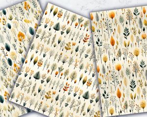 Digital Pattern Paper: Variety of Plants Watercolor Illustration in Soft Neutral Colors, Gouache Style, Seamless Texture for Crafts