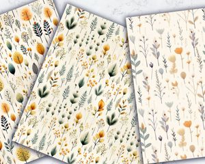 Digital Pattern Paper: Variety of Plants Watercolor Illustration in Soft Neutral Colors, Gouache Style, Seamless Texture for Crafts