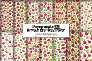 Digital Pattern Paper Pack - Cute Watercolor Pomegranate & Avocado Clipart, Doodle Style Illustration, Seamless Texture, Vivid Colors