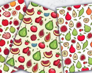 Digital Pattern Paper Pack - Cute Watercolor Pomegranate & Avocado Clipart, Doodle Style Illustration, Seamless Texture, Vivid Colors