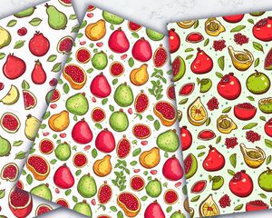 Digital Pattern Paper Pack - Cute Watercolor Pomegranate & Avocado Clipart, Doodle Style Illustration, Seamless Texture, Vivid Colors