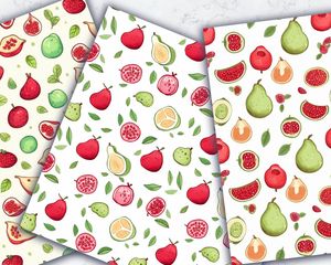 Digital Pattern Paper Pack - Cute Watercolor Pomegranate & Avocado Clipart, Doodle Style Illustration, Seamless Texture, Vivid Colors