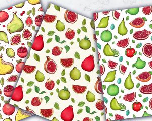 Digital Pattern Paper Pack - Cute Watercolor Pomegranate & Avocado Clipart, Doodle Style Illustration, Seamless Texture, Vivid Colors