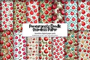 Pomegranate Doodle Clipart Set | Watercolor Illustration | Seamless Texture | Big Elements | Light Background | Digital Pattern Paper