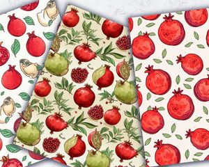 Pomegranate Doodle Clipart Set | Watercolor Illustration | Seamless Texture | Big Elements | Light Background | Digital Pattern Paper