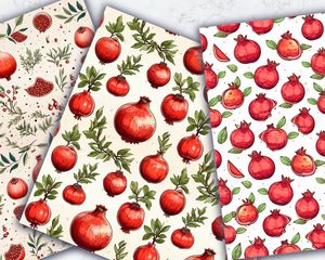 Pomegranate Doodle Clipart Set | Watercolor Illustration | Seamless Texture | Big Elements | Light Background | Digital Pattern Paper