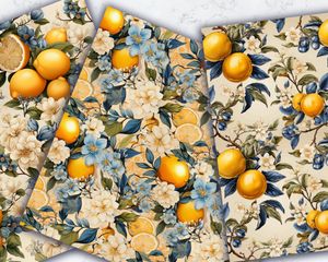 Vintage Portuguese Tile Digital Pattern Paper, Lemon Theme, Flat Illustration Style, Alcohol Ink, Watercolor, High-Quality Design