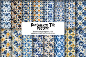 Digital Pattern Paper: Vintage Portuguese Tile, Flat Illustration Style, Alcohol Ink and Watercolor, Seamless Texture for Crafts