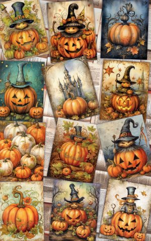 12 papers | Watercolor Pumpkin Halloween scrapbooking kit, printable pages, shabby chic, junk journal supplies, decoupage card design