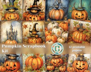 12 papers | Watercolor Pumpkin Halloween scrapbooking kit, printable pages, shabby chic, junk journal supplies, decoupage card design