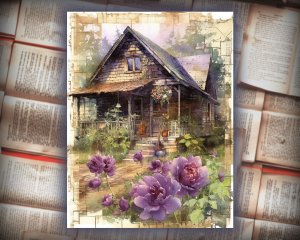 16 papers | Deep Dark Purple Floral Garden Scrapbooking Kit | Dreamy Cottage Cabin Design | Printable Pages | Shabby Chic Junk Journal Kit